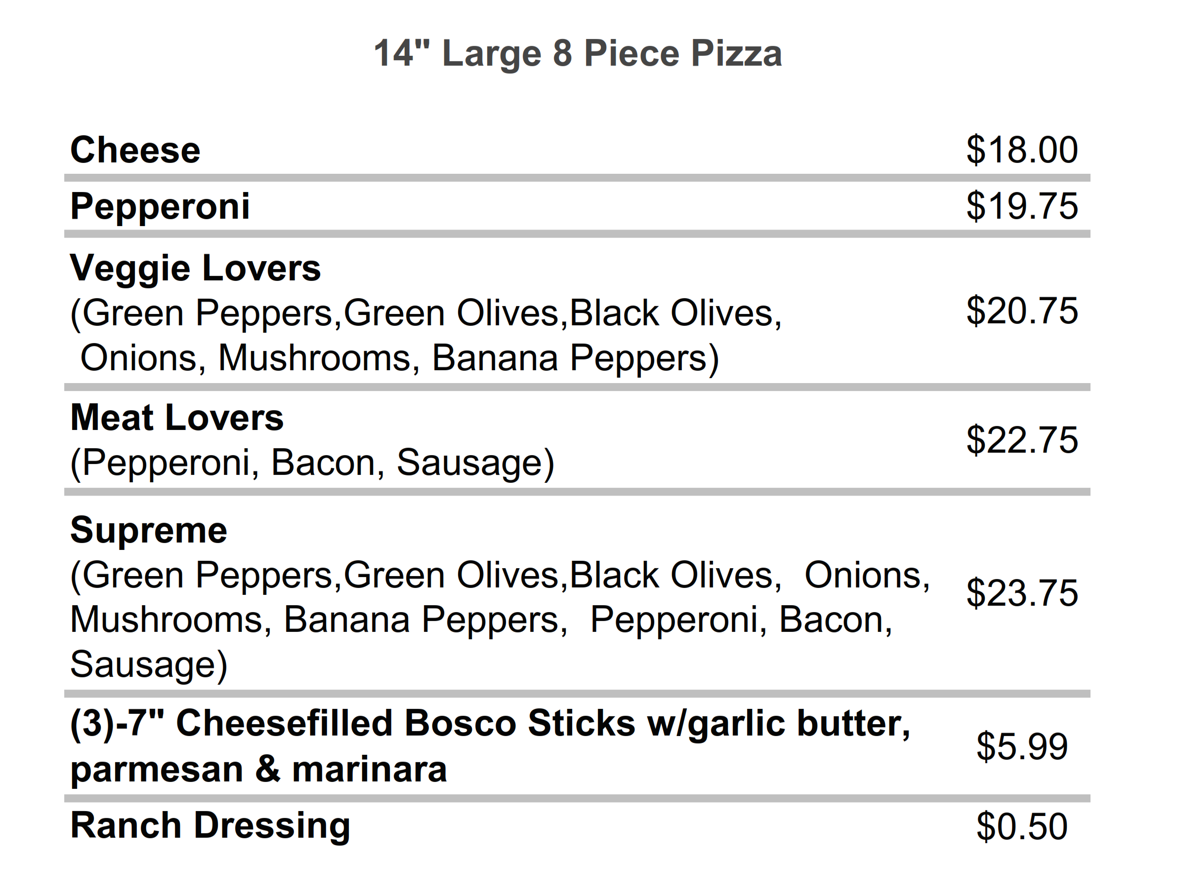 Mio Pines pizza menu